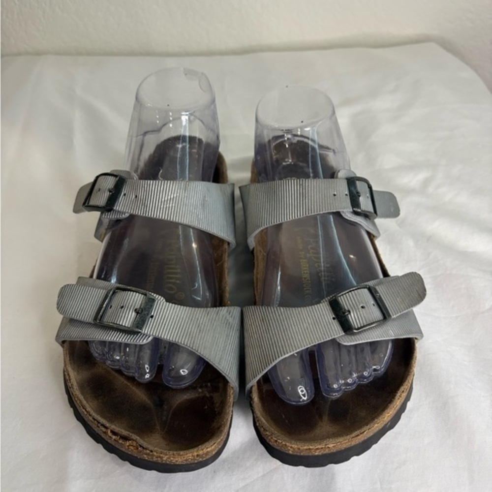 Birkenstock Two-Strap Sandals in Light Gray with Black Buckles